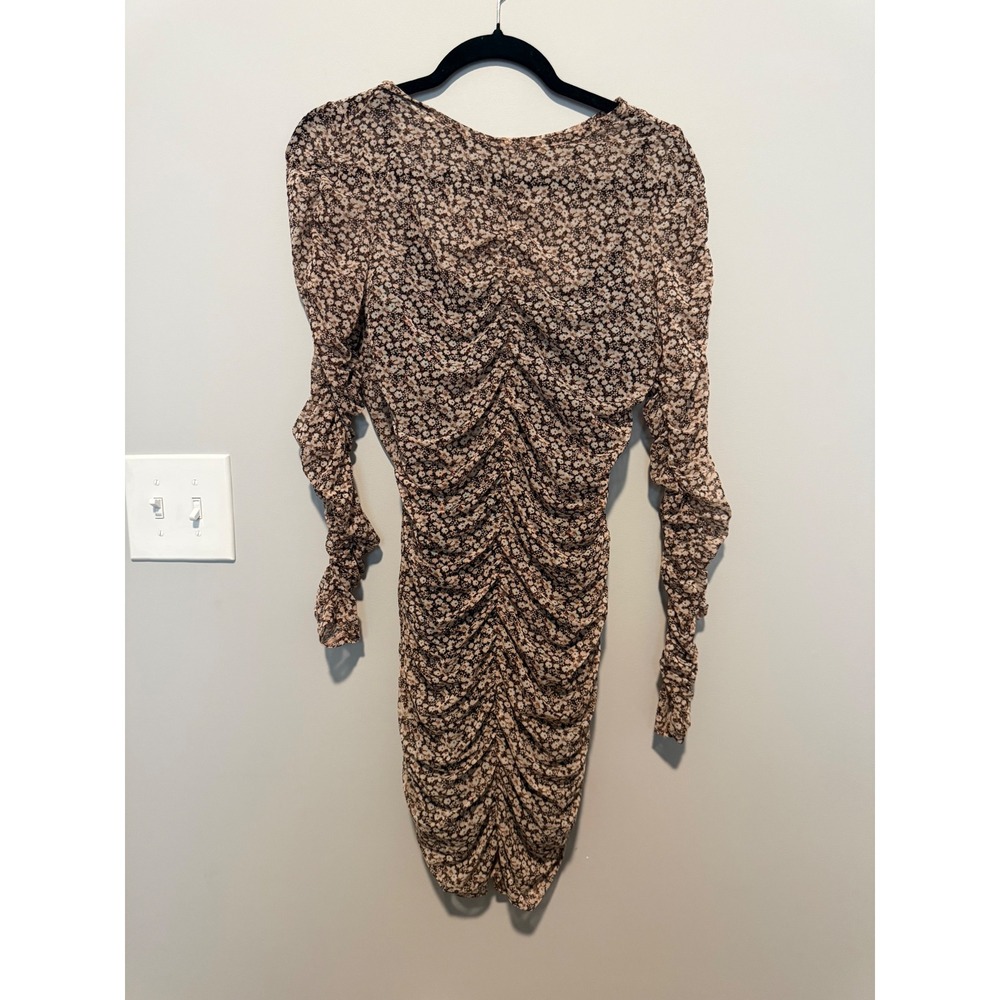 Abercrombie & Fitch Floral Mesh Ruched Long Sleeve Mini Bodycon Dress Brown M